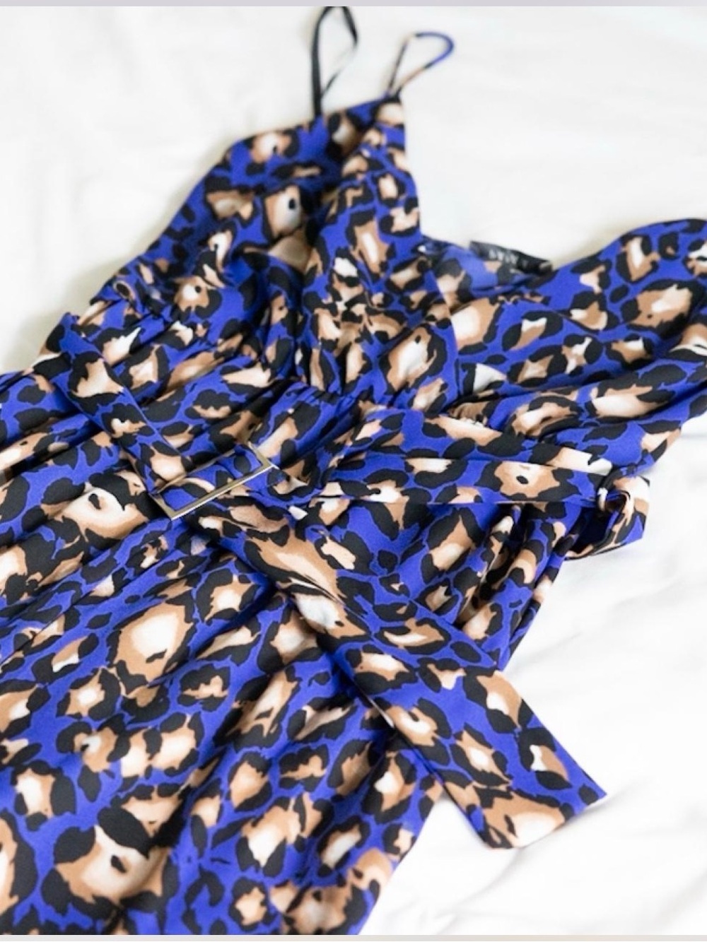 Papaya Blue Leopard-Print Belted Spaghetti-Strap Jumpsuit